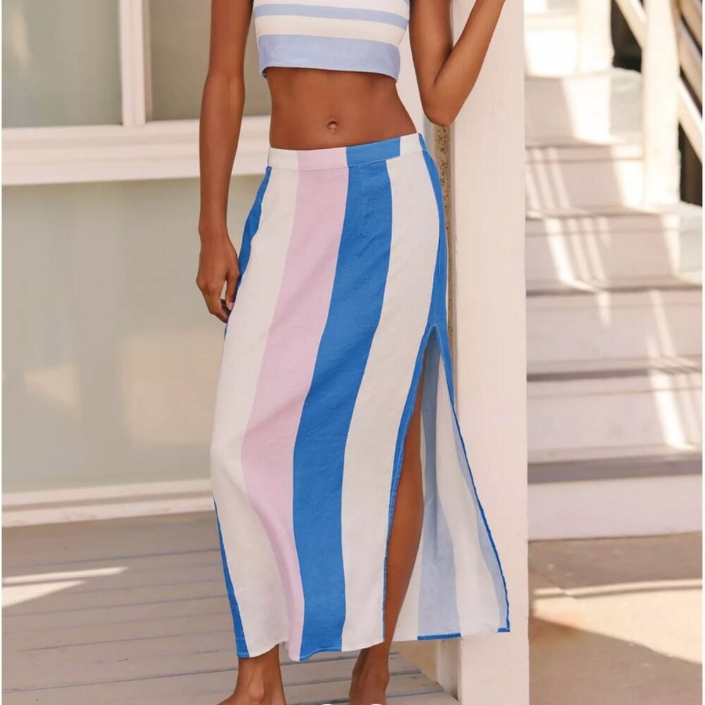 Anthropologie Celandine Linen Blend Breezy Midi Skirt Striped Coverup size S